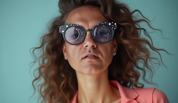 The model is wearing glass sunglasses with stars and the moon on the glass