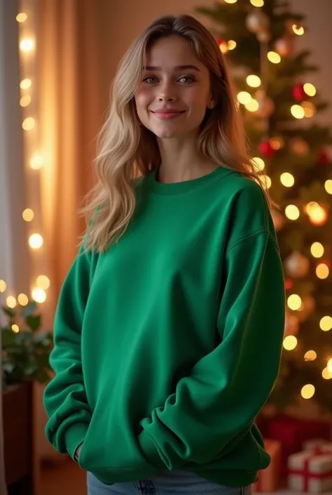 A realistic full-body mockup of a European girl wearing a sweatshirt with the exact kelly green color hex code #00832F. The sweatshirt is plain, without any designs or logos, and clearly visible. The girl is standing in a warm and cozy Christmas setting fe...