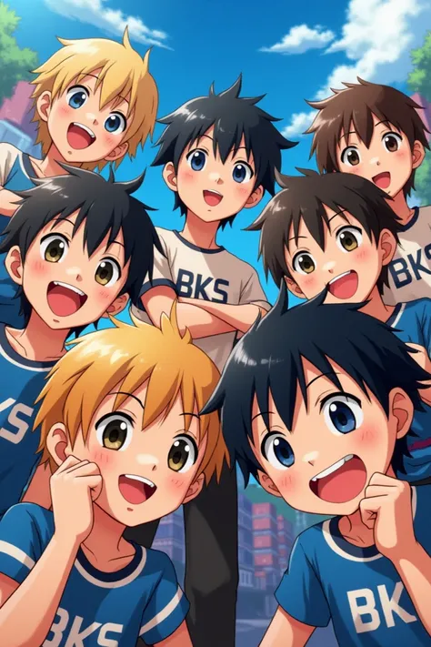 Create a seven boys picture like anime and bouth a shirt printed B K S print on shirts (B K S) 