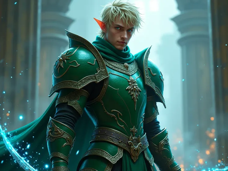 LINKIRNI ,  male knight ,  short hair blond, oreille en pointe,  green heavy armor , épées dans la main gauche, style dark fantasy, blue eyes.
Spark, In full race .