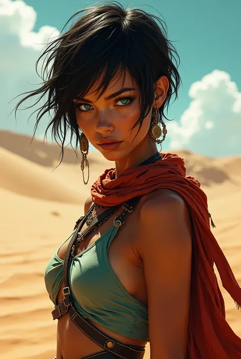 Cyan emerald eyes, short black hair, brown skin, female bandit, desert, sweaty