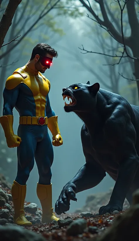 "Create an intense scene where Cyclops and a fierce black panther stand face-to-face, both exuding anger and power. Cyclops, in his iconic red visor and X-Men uniform, stands confidently, his body tense and ready, with his hands clenched as if preparing to...