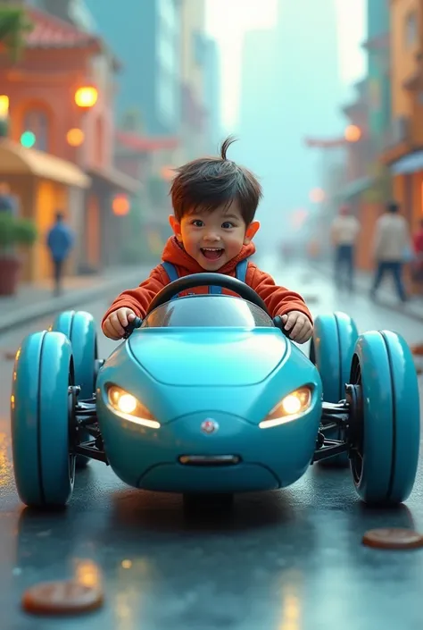 A boy driving a 4 wheel shoe car,blue colour 