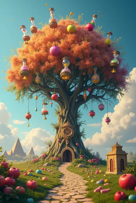  Brightly colored magic tree, its fruits are apples , hourglasses ,  Egyptian pyramids and candies 