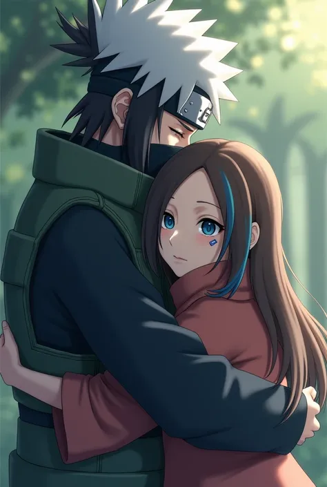 kakashi hatake, hugs a girl from behind, the girl has brown hair with one blue strand on the right,  blue-gray eyes , a blue tag  "arrow" under the eye  