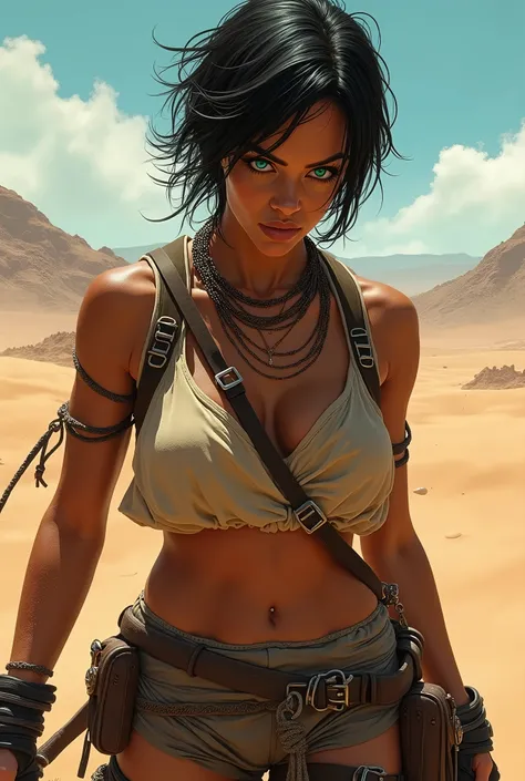 Cyan emerald eyes, short black hair, brown skin, female bandit, desert, sweaty