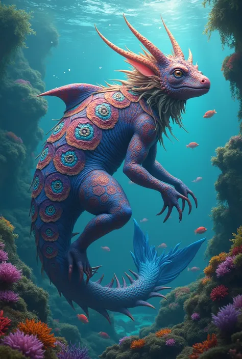 hybrid creature of the ocean using different sea animals, set in a vibrant underwater scene.