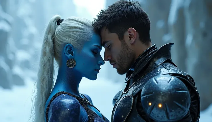 The image portrays a male and a female character in a sci-fi or fantasy setting. The male is wearing advanced, futuristic armor, hinting at a role as a warrior or protector. The female character, with an alien or ethereal appearance (notably her blue skin ...