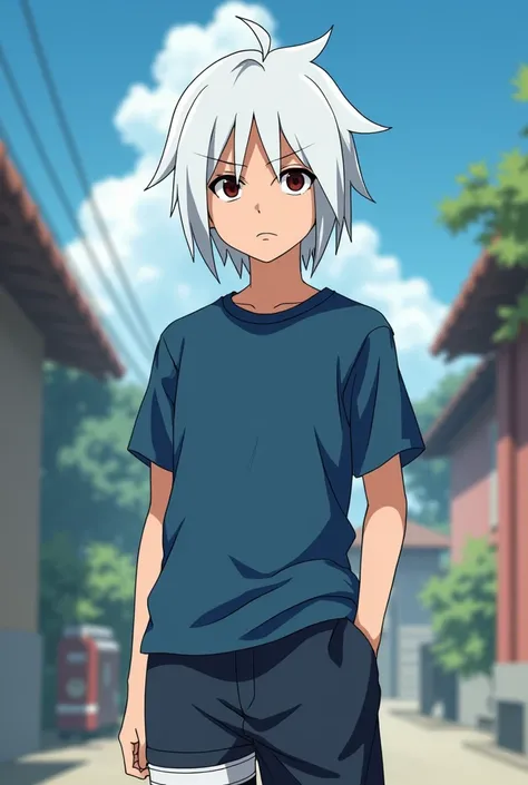 ,man, white hair medium hair , tall and since he is a boy not so thin or fat he is intermediate ,  wears a t-shirt and shorts , predominant blue and white , has no weapons or anything , is Uchija ,Serious.
 Now you have the image of the Naruto anime-style ...