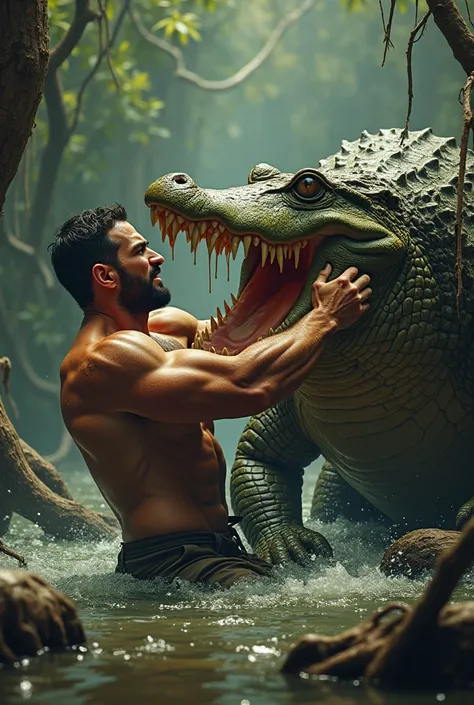 A man fighting an alligator in a swamp for a pizza 