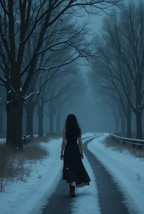 Beautiful sad girl walks amid snowfall on night road