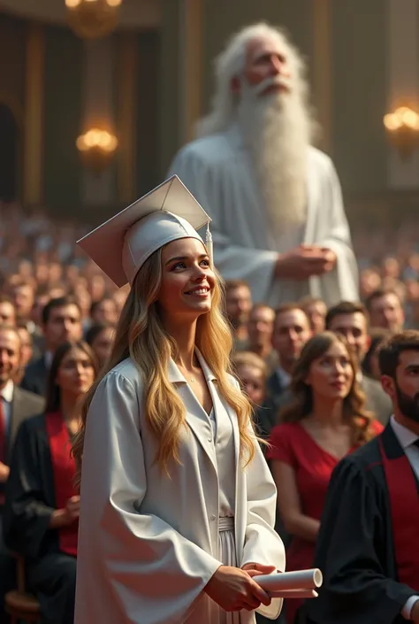  Graduation of beautiful Doctor in doctors coat long blond hair ,with his deceased grandfather proudly watching from the audience 