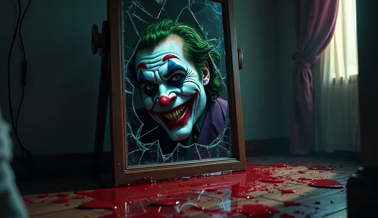 A hotel room with a bloodstained floor and a broken mirror reflecting a horrifying joker’s face. Animated 