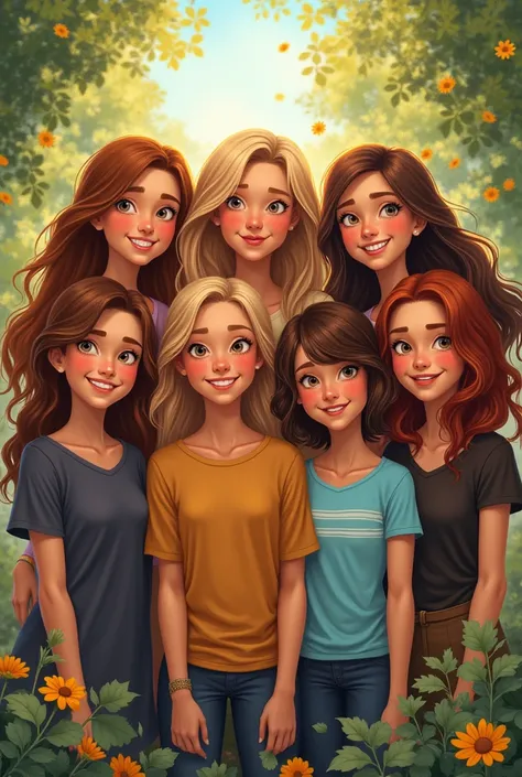  The friends Jette , Finja ,  Mia Levia , Thea ida Marielle und Nele 
Jette hat blonde Haare
Mia hat braune Haare 
Finja  hat braune Haare
Levia hat Blonde Haare
Thea hat braune Haare.
 Ida has brown hair .
 Maria has brown hair
Nele has brown , short hair