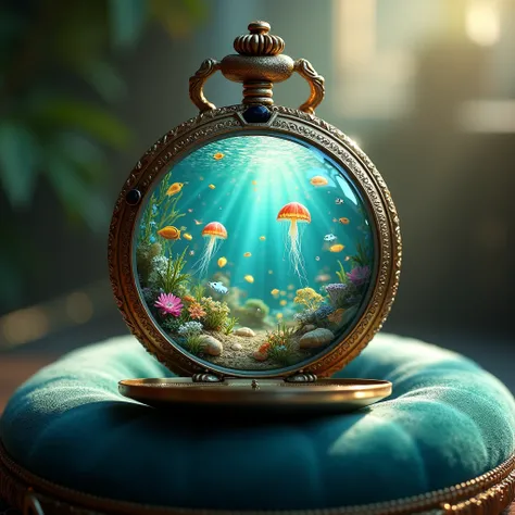 An underwater scene unfolds in a vintage pocket watch, resting on a velvet cushion.