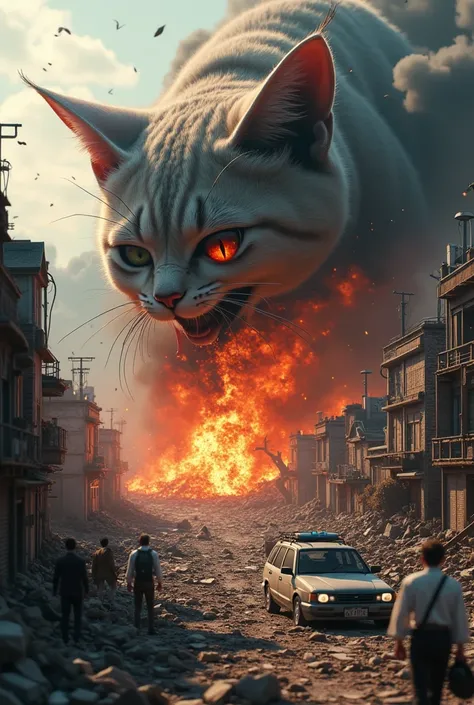  city exploded by missiles、Daytime、 overturned cars 、Collapsed Building、Fire up to the front of the camera 、Japanese cities、A giant cat gnaws at a building、 miniature landscape 、Aerial Views 、