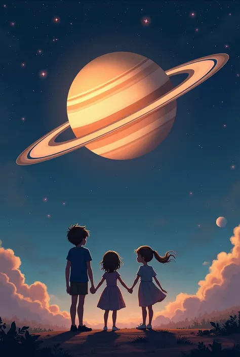 Boy and girl holding hands watching the planet Saturn 
