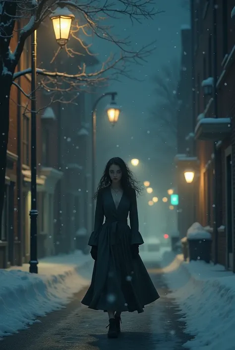 Beautiful sad girl walks among snowfall on night street with street lights