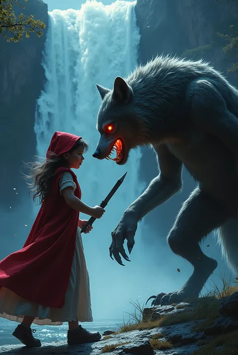  Little Red Riding Hood attacks the big bad wolf with a sickle 
Shes young and beautiful, The wolf has red eyes  ,  its night and theyre near a waterfall 