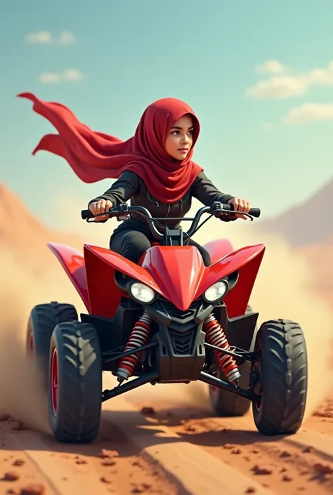 A hijabi girl driving shoes car four wheeler,red colour 
