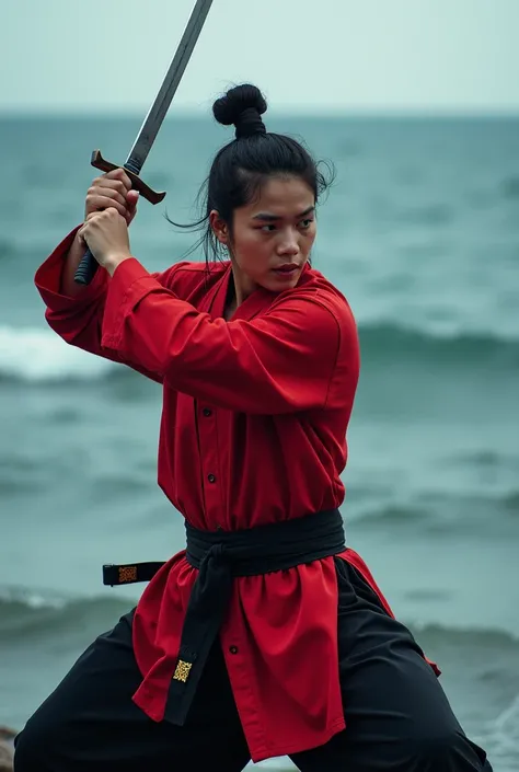  A pencak silat swordsman wears a red long-sleeved shirt.  black pants wear a white color belt, wear a marine backroand stick 