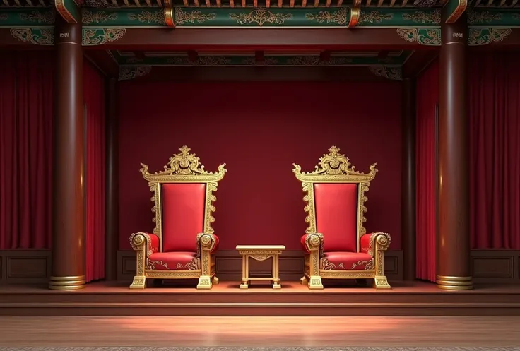  Gyeongbookgung PALACE throne room, one for king and one for queen . empty, Just the thrones, Joseon Dynasty. Approximate image of the thrones, In evidence .  gold thrones and red upholstery. 