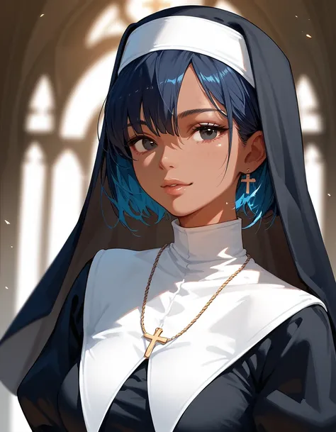 girl,Short hair,Tanned, Black Blue Hair, in black eyes, medium chest,Nun