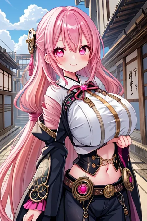 1girl, best quality, looking at viewer, kawaii, shiny skin, shiny clothes, (steampunk, japanese clothes, midriff), navel, bare stomach, monocle, gear ornament, huge breasts, long hair, pink hair, wavy hair, pink eyes, smile, blush, closed mouth, steam city...