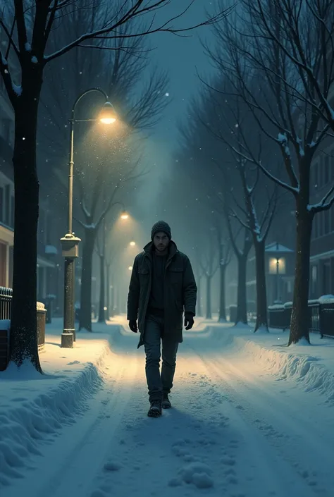 Sad young man walking in the middle of the snow on the night street with street lights