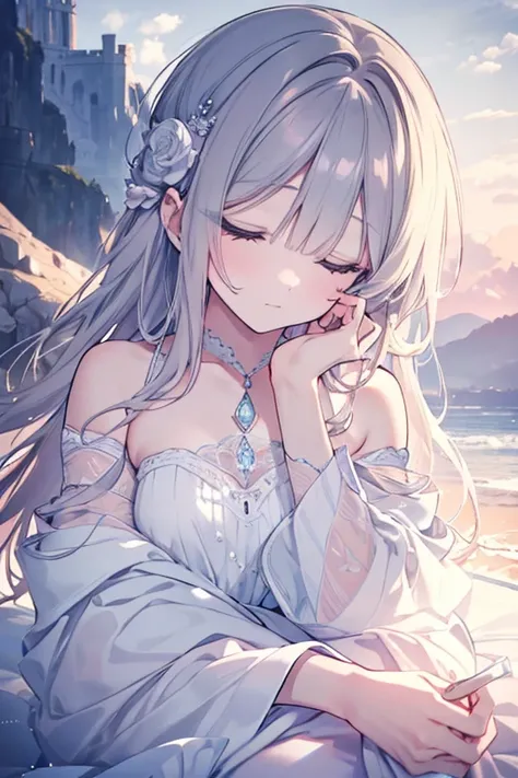 a young girl sleeping peacefully,delicate face, serene expression, beautiful long hair flowing, soft lighting, dreamy atmosphere, fantasy landscape with clouds, pastel colors, ethereal and whimsical, (best quality,4k,8k,highres,masterpiece:1.2),ultra-detai...