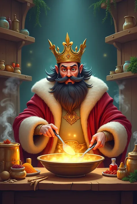 "A secretive and whimsical king in a grand royal kitchen, skillfully preparing a dish called lobo. The king is dressed in luxurious robes with a quirky touch, wearing a golden crown decorated with small cooking utensils. He is surrounded by an assortment o...