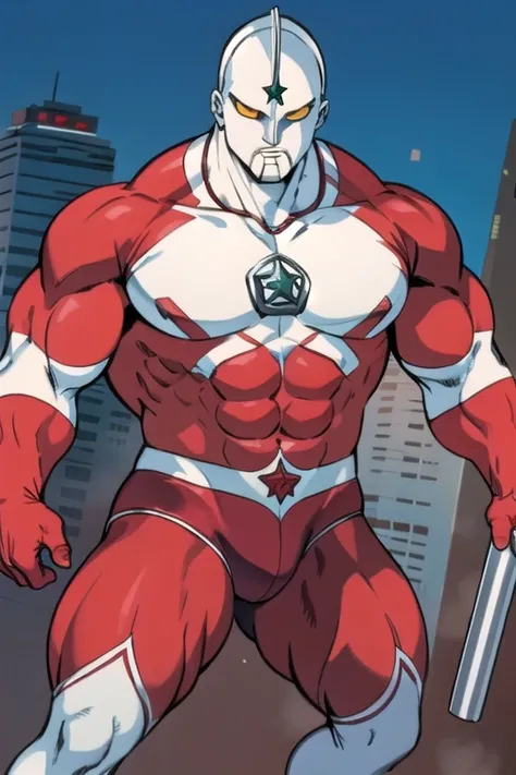 masterpiece, best quality,(Realistic Touch), Ultraman,120m tall,metallic red skin,his big bulge is shiny red . Thick solid chest, manly, Masculinity, strong，his bulge is gigantic. Physically strong ,Thick chest, being attacked by enemies , big bulge ,stron...