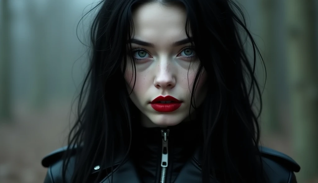 Luis Royo Style young woman, black leather rock style, very white skin, black long hair, red color lipstick on her lips, cold mystery cloudy cost of England, Luis royo, portrait, looking straight into the camera , Trembling Hands