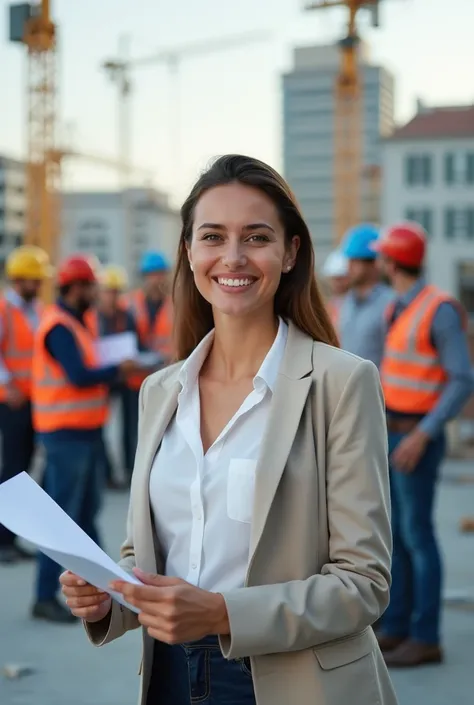 Create a hyper-realistic image of a young, successful female architect in the foreground, smiling confidently, with a group of people working in a construction site in the background. The architect is wearing a professional outfit, such as a white blouse a...