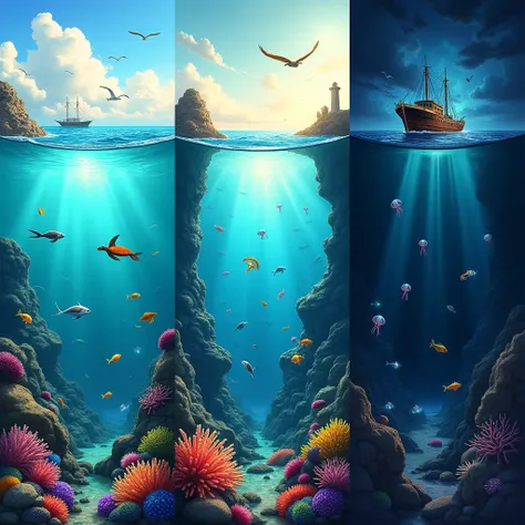 A detailed triptych illustration of a marine scene. Each panel depicts a distinct yet connected environment:
Left panel: The ocean surface illuminated by sunlight, with gentle waves, seabirds soaring above, and a boat on the horizon.
Central panel: An unde...