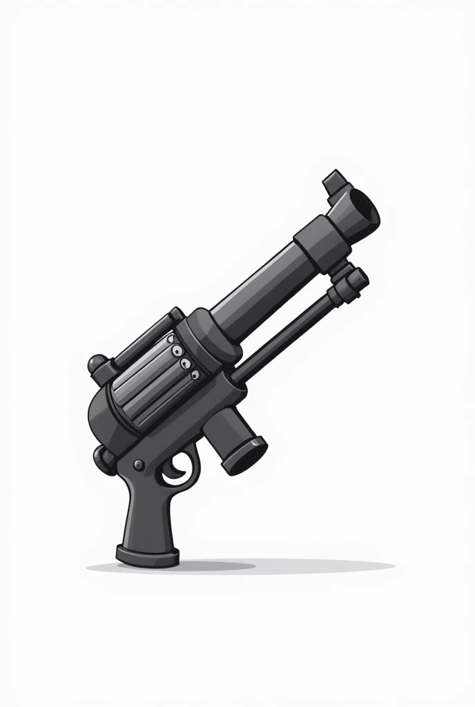 A simple 2D cartoon-style toy minigun. It should have a large barrel with rotating barrels visible, a small handle, and a large ammo belt attached. The design is basic and clean with no extra details. The gun should be black and white with a flat, clean ap...