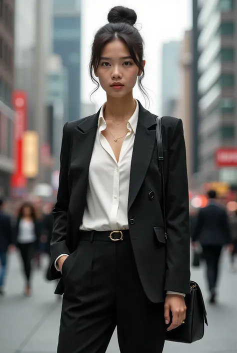 A sophisticated Asian teenage girl standing confidently on a bustling city street, wearing a sleek black blazer over a white silk blouse and tailored trousers. She accessorizes with a thin gold necklace and a stylish leather tote bag. Her hair is styled in...