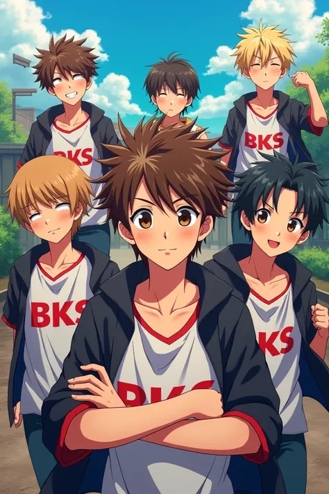 Create a seven boys picture like anime and bouth a shirt printed B K S print on shirts (B K S) 