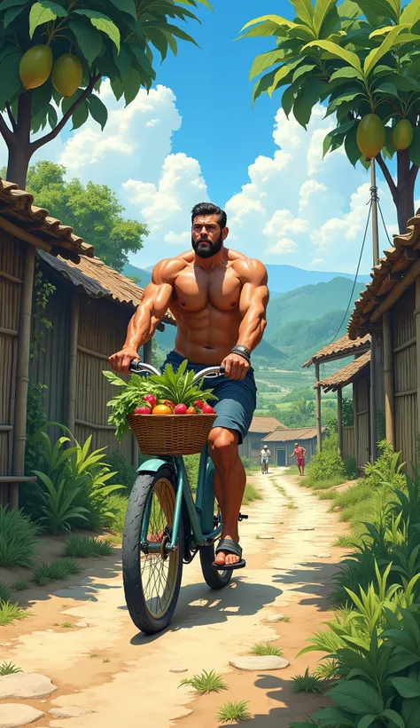 "A strong and iconic figure, with a large muscular body, is pedaling a bicycle on a small road in a traditional village. The road is rocky and winding, surrounded by typical village houses with roofs made of coconut leaves or old tiles, and simple bamboo f...