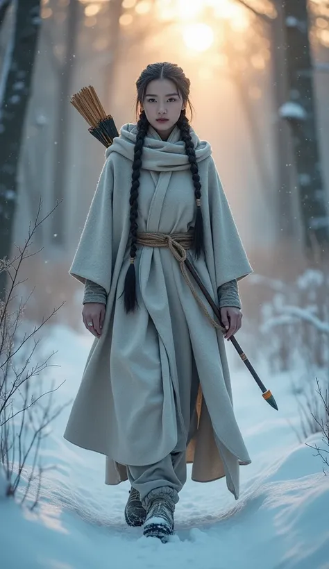 Chinese beauty hunter，With braids , Facing the camera， Wear a thick cape to ward off the cold ,  She goes into the frozen forest with a bow and arrow .  {x} makes a muffled sound when stepping on the snow {x} {x} {x} The landscape is covered with a thick l...