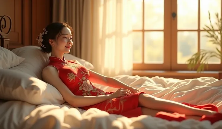 A beautiful mother wearing cheongsam，Lying in bed enjoying the sun bath，She has a very unique figure under the sun