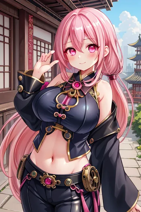 1girl, best quality, looking at viewer, kawaii, shiny skin, shiny clothes, (steampunk, chinese clothes, midriff), navel, bare stomach, monocle, gear ornament, huge breasts, long hair, pink hair, wavy hair, pink eyes, smile, blush, closed mouth, steam city,...