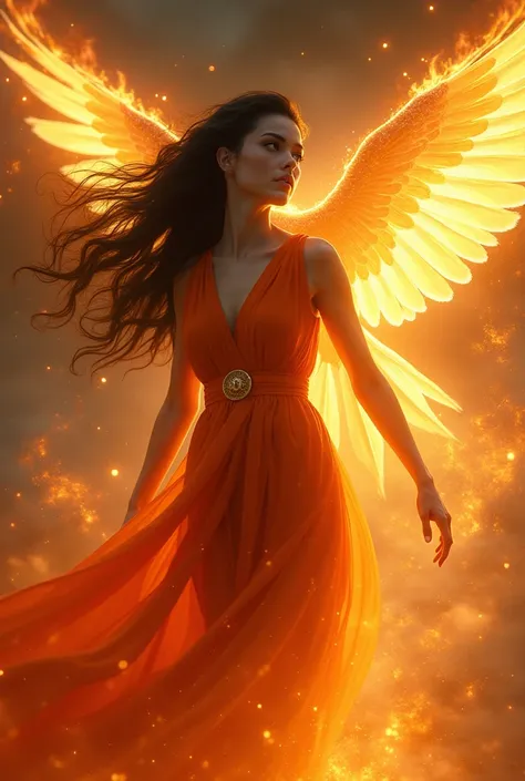  A woman with long black hair, with an orange dress, with a fiery wing ,  with a fiery eagle going behind  