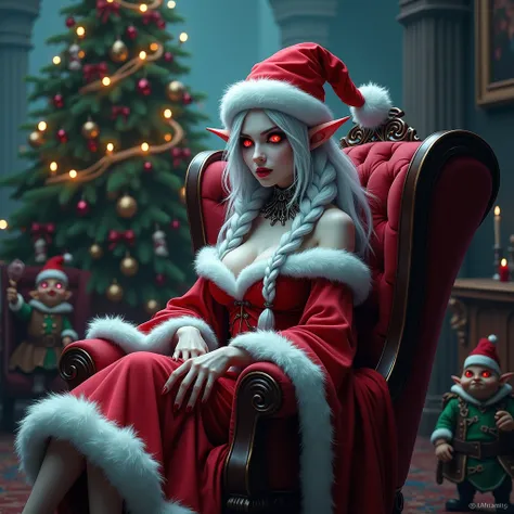 A evil sexy blood elf maiden,  her pale porcelain-like skin, sits regally on a velvet chair, resplendent in a sultry Santa-inspired off-the-shoulder gown and a jaunty Santa hat. Her red eyes gleam with mischievous intent as she adorns a Christmas tree, sur...