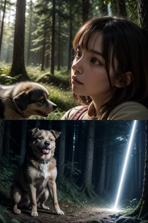 
Lucia,  a curious and courageous  ,  is in her backyard ,  playing with her dog , Tico. suddenly,  she hears a strange sound coming from the nearby forest .  She looks into the forest and sees a light flashing between the trees.