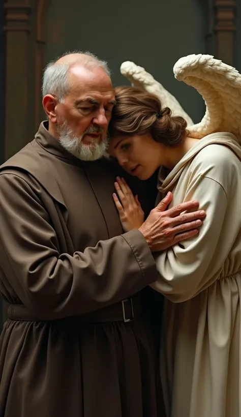 An ultra-realistic scene of Padre Pio of Pietrelcina injured after a fight with the devil. A guardian angel comforting Padre Pio. Padre Pio is dressed in the traditional habit of the Capuchin friars, wearing a brown fingerless glove. The angel has wings an...