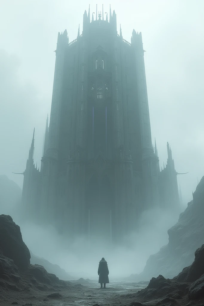 a monstrous building haunted and abandoned with an enormous gray fog surrounding it, RPG style ( white background)