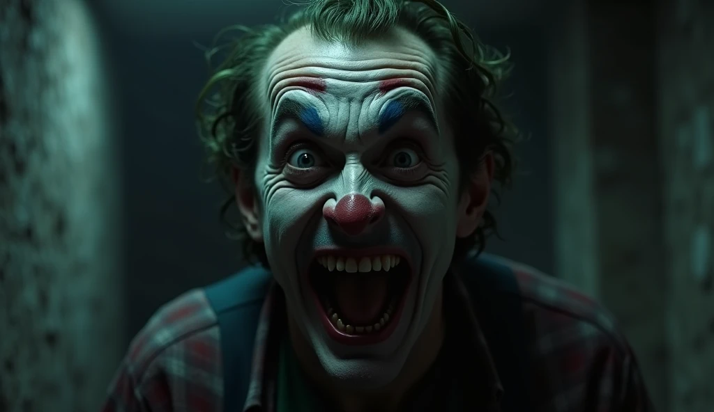 A horrifying scene where a man’s face turns pale in fear as a joker’s laugh echoes in the background.Animated 