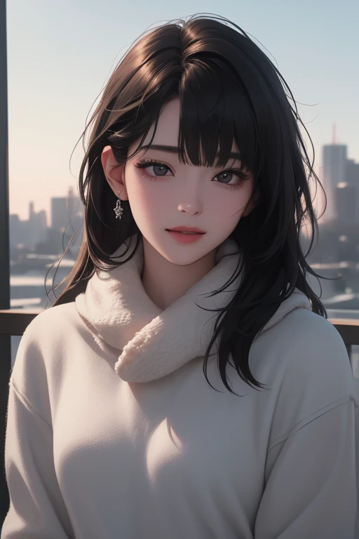 smile, front view (((masterpiece)), best quality, 8K resolution, Semi-realistic, cinematic lighting, beautiful detailed eyes), above view, cute, 1 woman,korean,25-year-old,((Blunt bangs)) medium straight hair, black eyes, digital art,detailed clothes, ((wi...