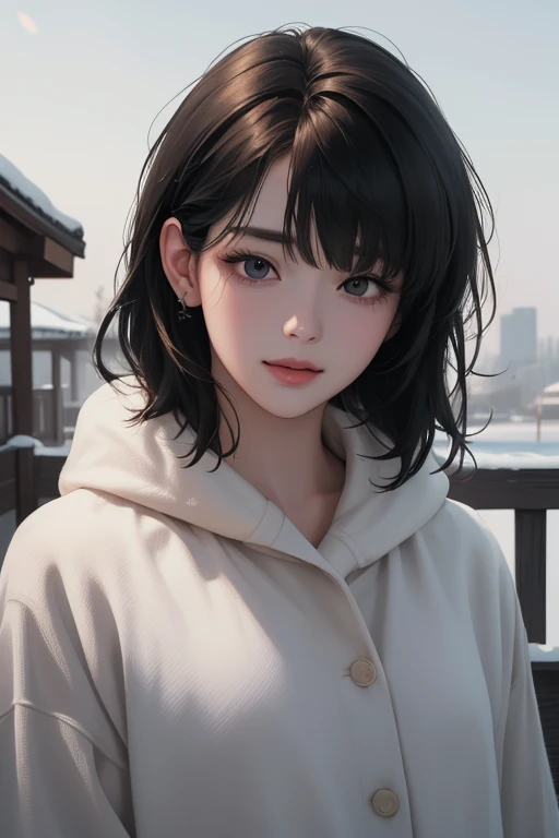 smile, front view (((masterpiece)), best quality, 8K resolution, Semi-realistic, cinematic lighting, beautiful detailed eyes), above view, cute, 1 woman,korean,25-year-old,((Blunt bangs)) medium straight hair, black eyes, digital art,detailed clothes, ((wi...